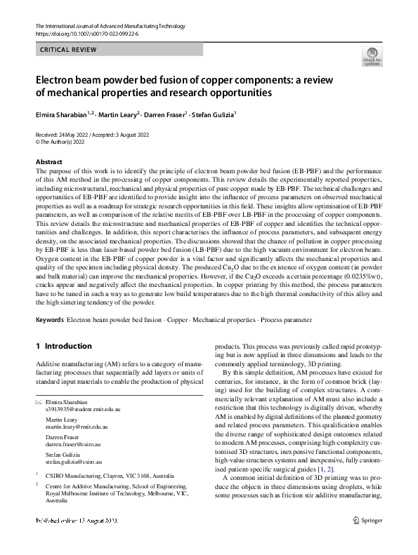 (PDF) Electron beam powder bed fusion of copper components: a review of ...