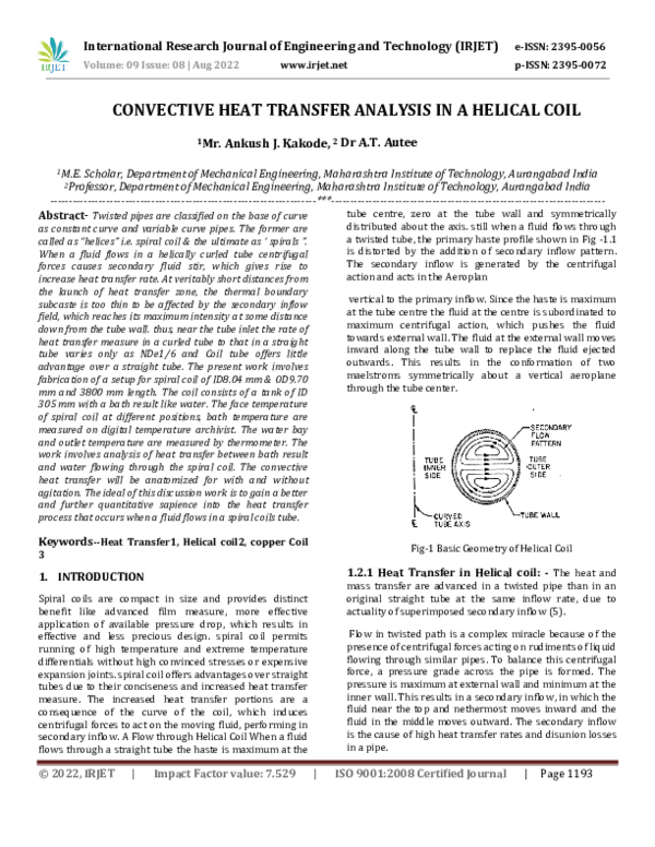 (PDF) CONVECTIVE HEAT TRANSFER ANALYSIS IN A HELICAL COIL