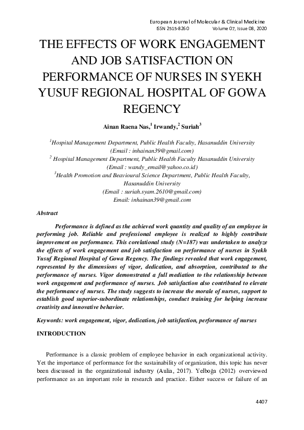 (PDF) The Effects of Work Engagement and Job Satisfaction on ...