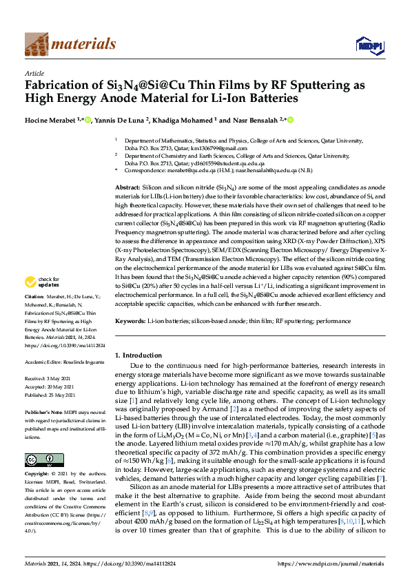 (PDF) Fabrication of Si3N4SiCu Thin Films by RF Sputtering as High