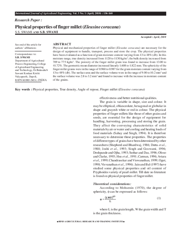 (PDF) Physical properties of finger millet (Eleusine coracana