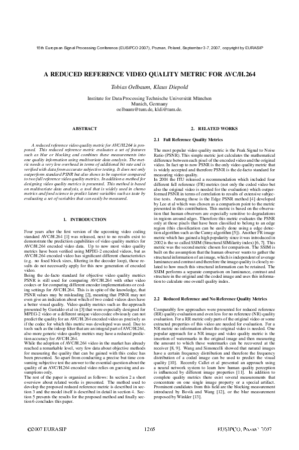 (PDF) A Reduced Reference Video Quality Metric For Avc/H.264