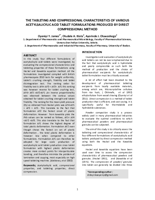 (PDF) 1 the Tableting and Compressional Characteristics of Various ...