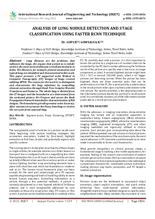 (PDF) ANALYSIS OF LUNG NODULE DETECTION AND STAGE CLASSIFICATION USING ...