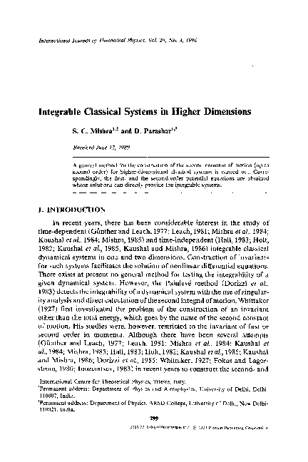 (PDF) Integrable classical systems in higher dimensions