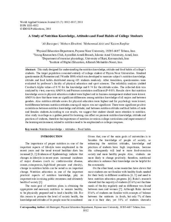 (PDF) A Study of Nutrition Knowledge, Attitudes and Food Habits of ...