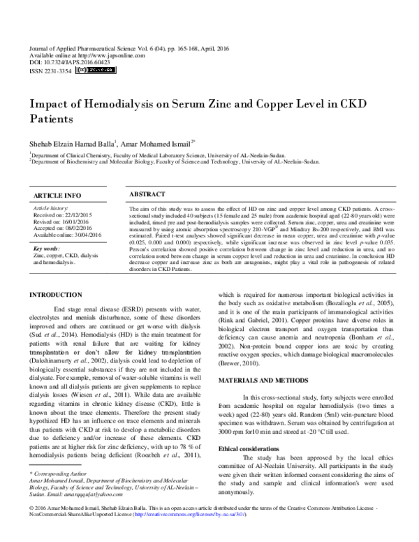 (PDF) Impact of Hemodialysis on Serum Zinc and Copper Level in CKD Patients