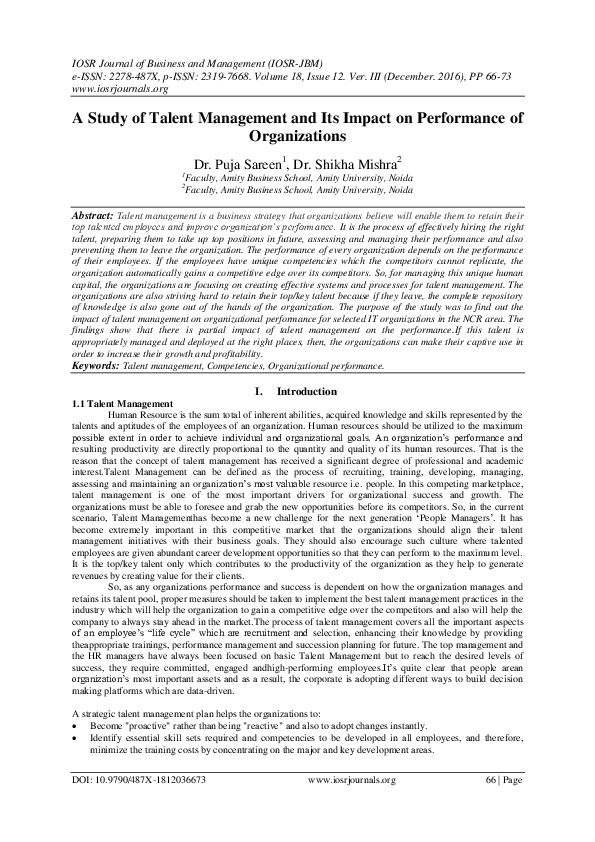 (PDF) A Study of Talent Management and Its Impact on Performance of ...