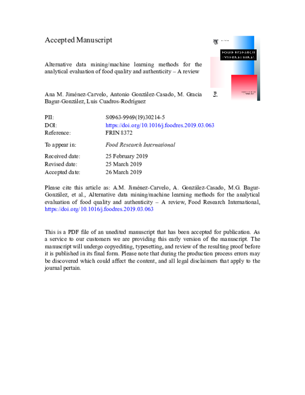 (PDF) Alternative data mining/machine learning methods for the analytical evaluation of food