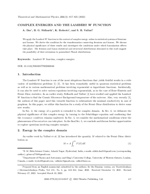 (PDF) COMPLEX ENERGIES AND THE LAMBERT W FUNCTION
