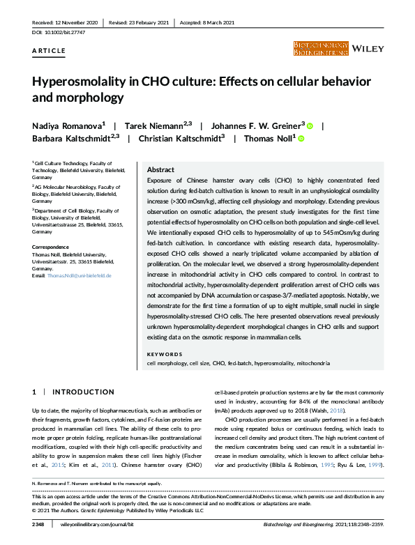 (PDF) Hyperosmolality in CHO culture: Effects on cellular behavior and ...