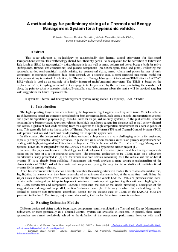 (PDF) A methodology for preliminary sizing of a Thermal and Energy ...