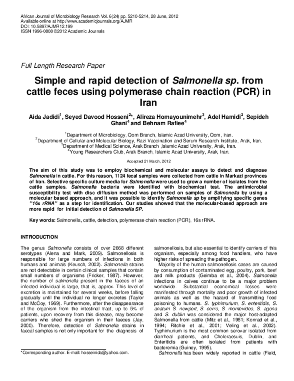 (PDF) Simple and rapid detection of Salmonella sp. from cattle feces ...