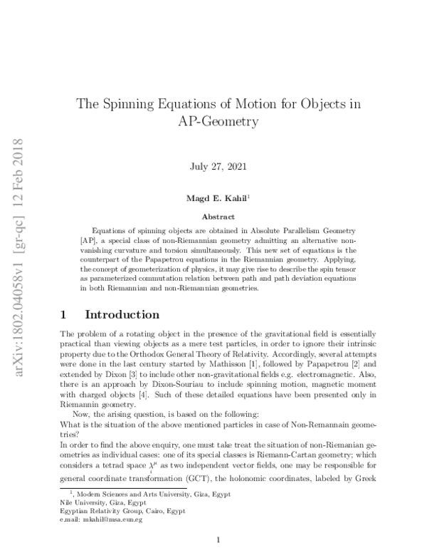 (PDF) The Spinning Equations of Motion for Objects in AP-Geometry