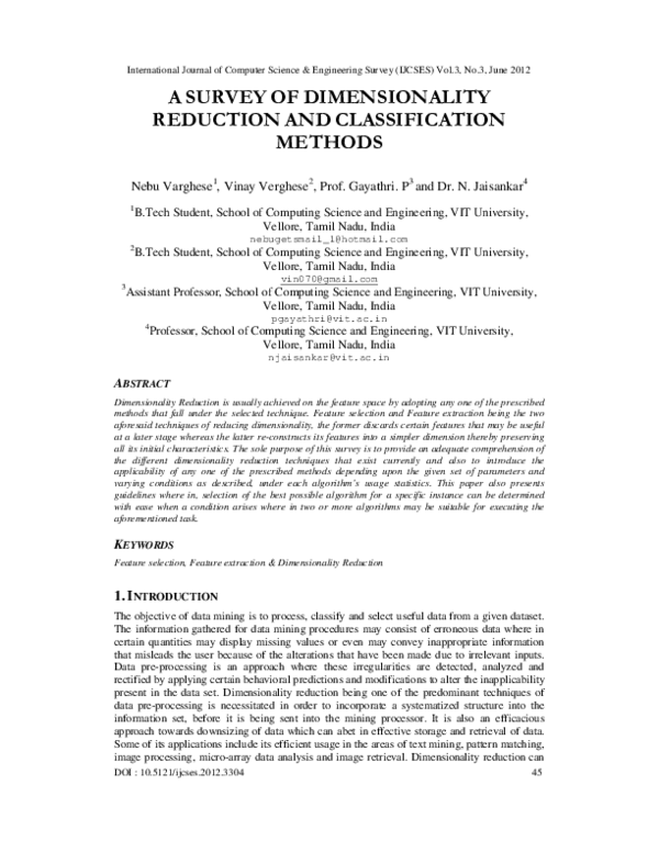 (PDF) A Survey Of Dimensionality Reduction And Classification Methods