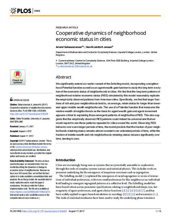 (PDF) Cooperative dynamics of neighborhood economic status in cities