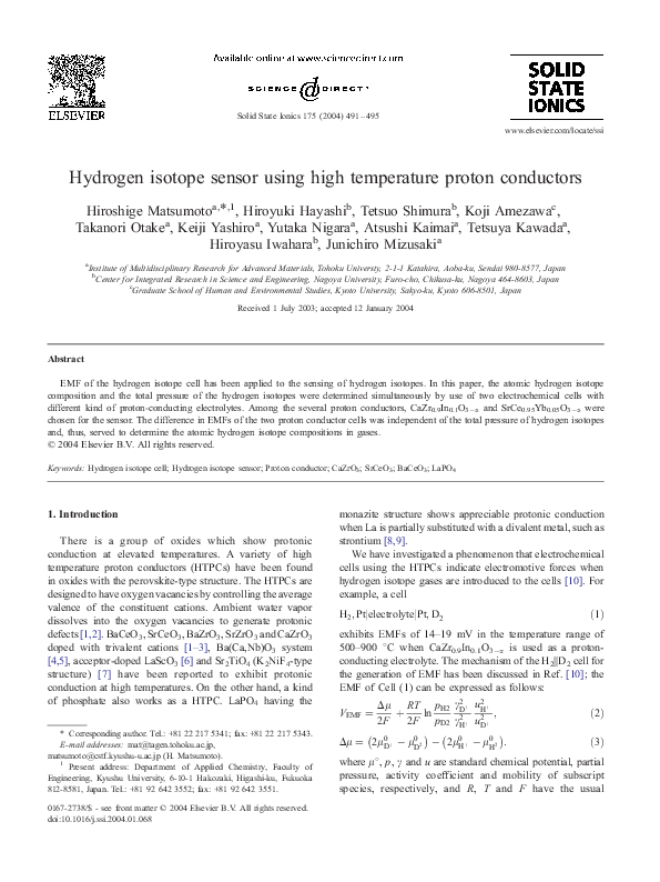 (PDF) Hydrogen isotope sensor using high temperature proton conductors