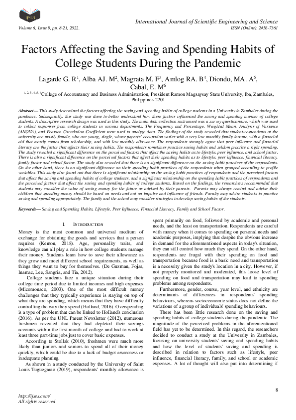 (PDF) Factors Affecting the Saving and Spending Habits of College ...