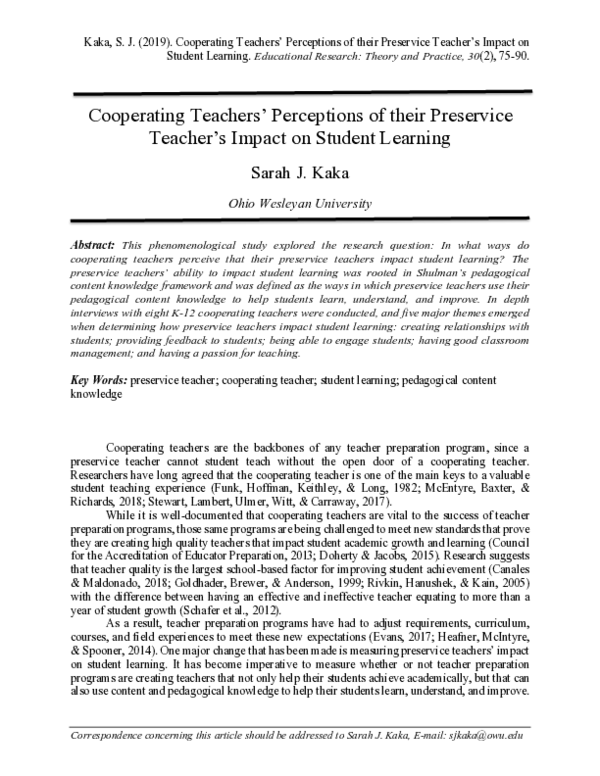 (PDF) Cooperating Teachers' Perceptions of Their Preservice Teacher's ...