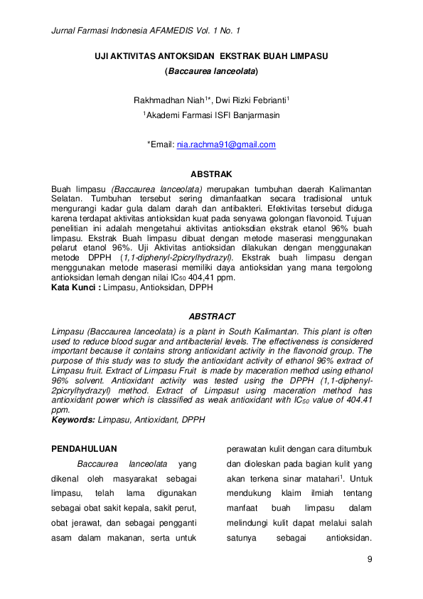 (PDF) UJI AKTIVITAS ANTOKSIDAN EKSTRAK BUAH LIMPASU (Baccaurea lanceolata)