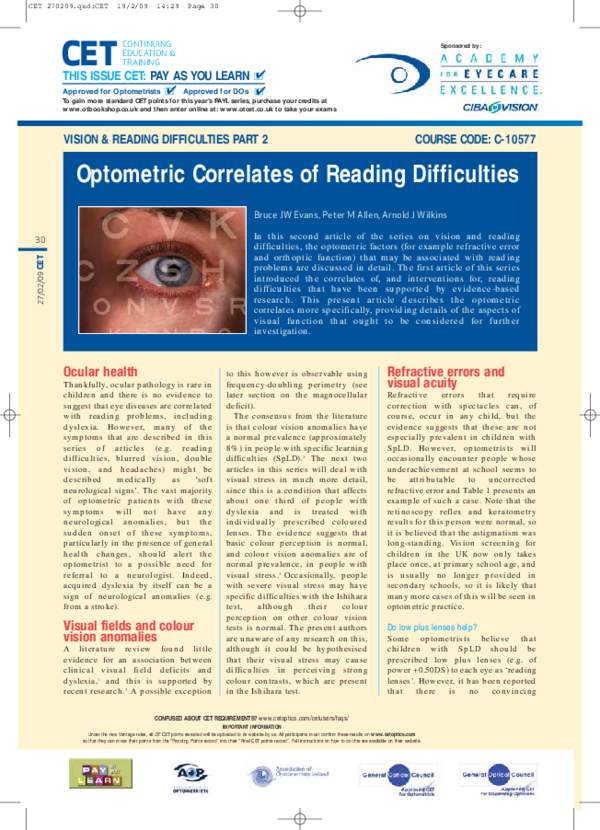 (PDF) Vision and reading difficulties part 2: Optometric and orthoptic ...