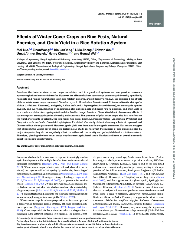 (PDF) Effects of Winter Cover Crops on Rice Pests, Natural Enemies, and ...