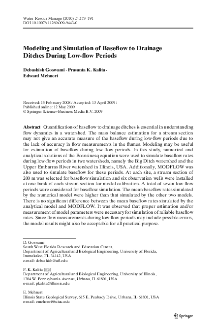 (PDF) Modeling and Simulation of Baseflow to Drainage Ditches During ...