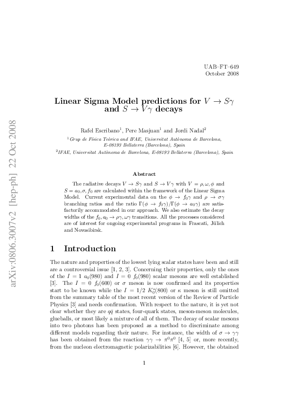 (PDF) Linear sigma model predictions for V→Sγ and S→Vγ decays