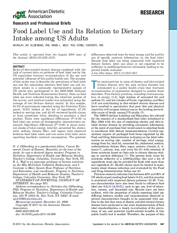 (PDF) Food Label Use and Its Relation to Dietary Intake among US Adults