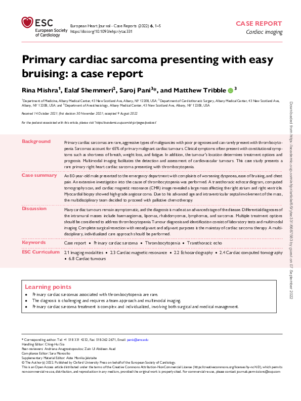 (PDF) Primary cardiac sarcoma presenting with easy bruising: a case report