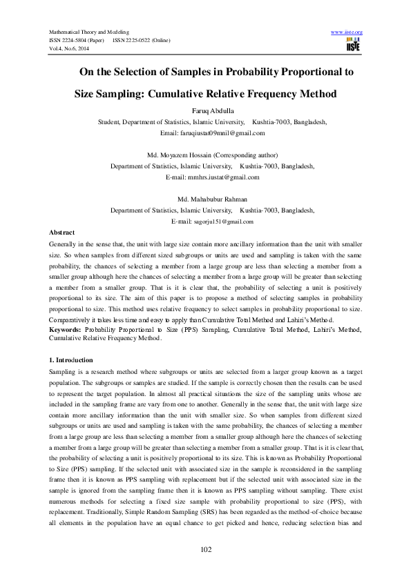 (PDF) On the Selection of Samples in Probability Proportional to Size ...