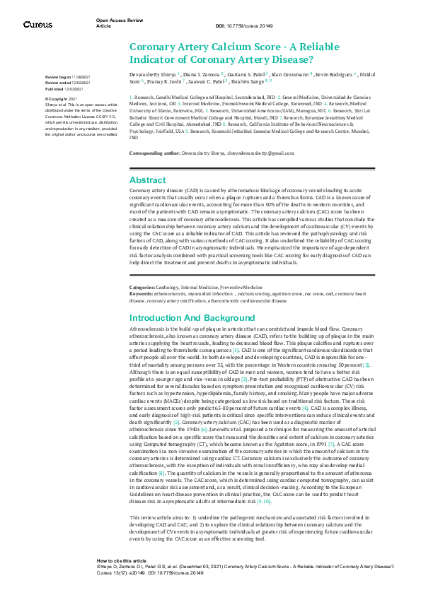 (PDF) Coronary Artery Calcium Score - A Reliable Indicator of Coronary ...