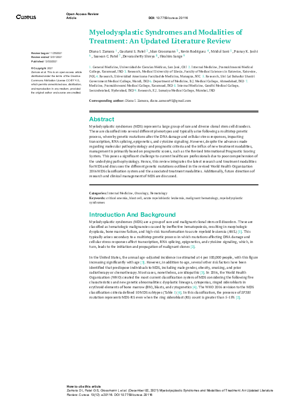 (PDF) Myelodysplastic Syndromes and Modalities of Treatment: An Updated ...