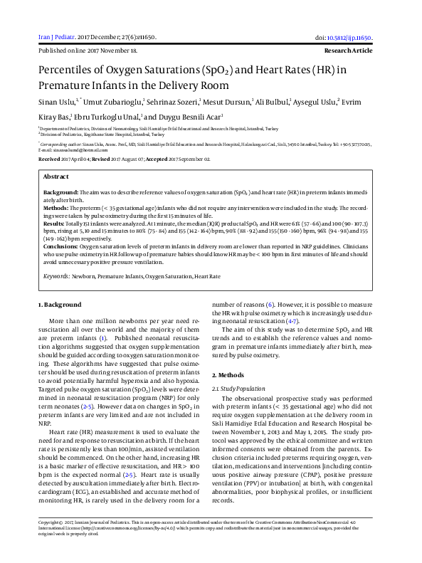 (PDF) Percentiles of Oxygen Saturations (SpO2) and Heart Rates (HR) in ...