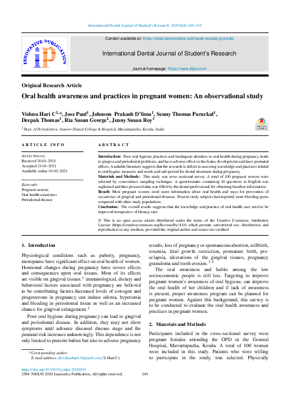 (PDF) Oral health awareness and practices in pregnant women: An ...
