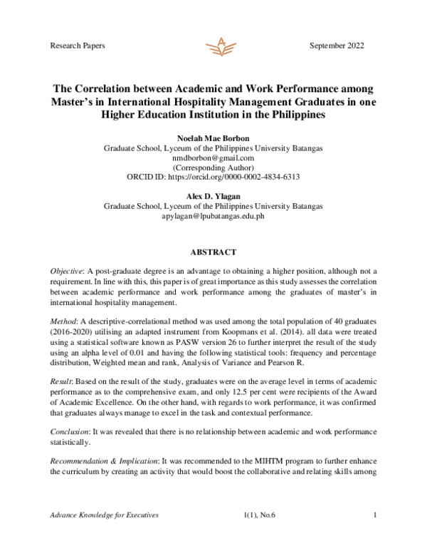 (PDF) The Correlation between Academic and Work Performance among ...