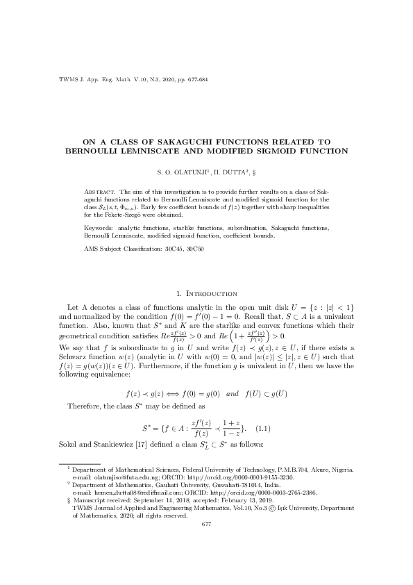 (PDF) On a class of sakaguchi functions related to Bernoulli lemniscate ...
