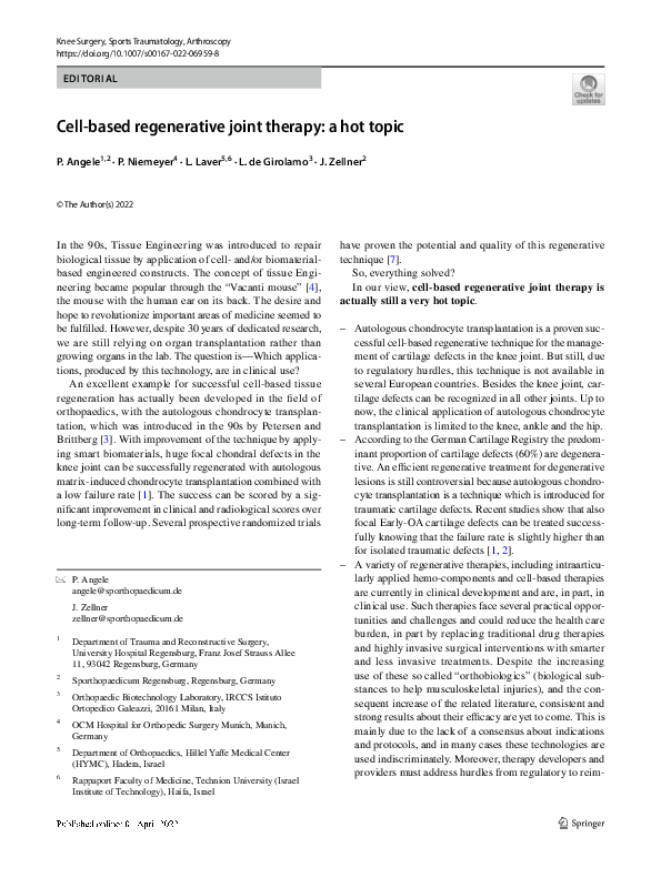 (PDF) Cellbased regenerative joint therapy a hot topic Johannes Zellner Academia.edu