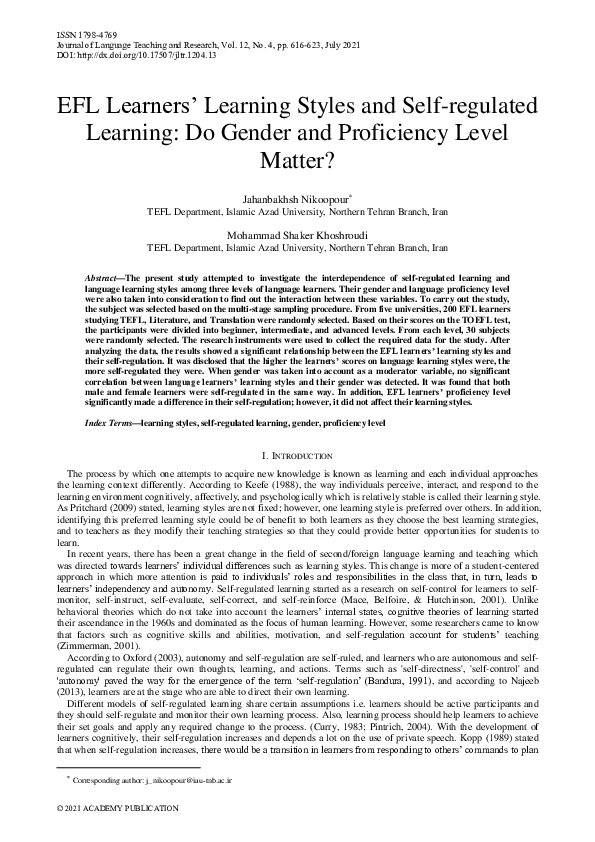 (PDF) EFL Learners’ Learning Styles and Self-regulated Learning: Do ...