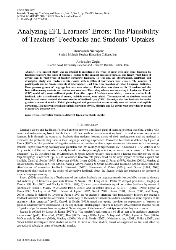(PDF) Analyzing EFL Learners’ Errors: The Plausibility of Teachers ...
