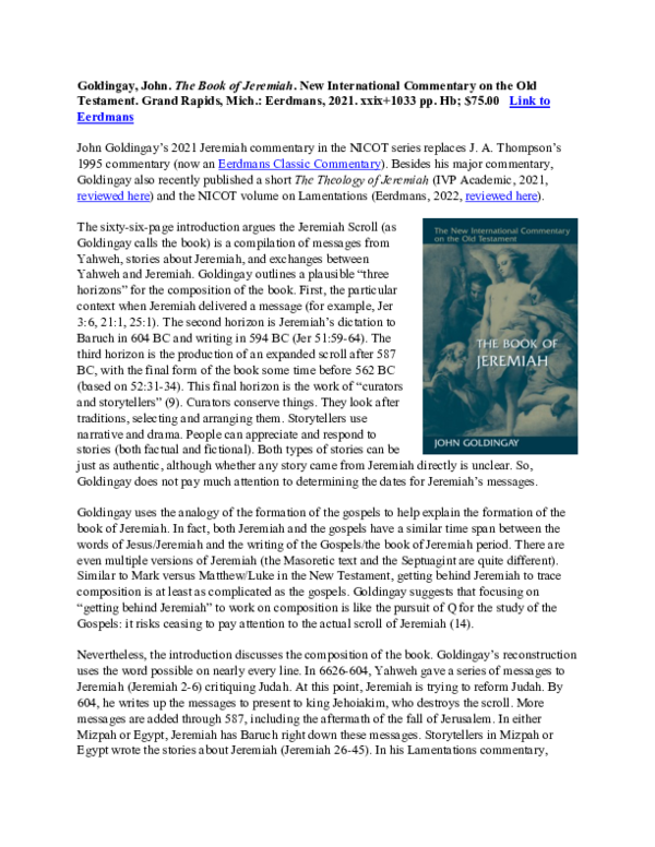 (PDF) John Goldingay, The Book of Jeremiah. New International ...