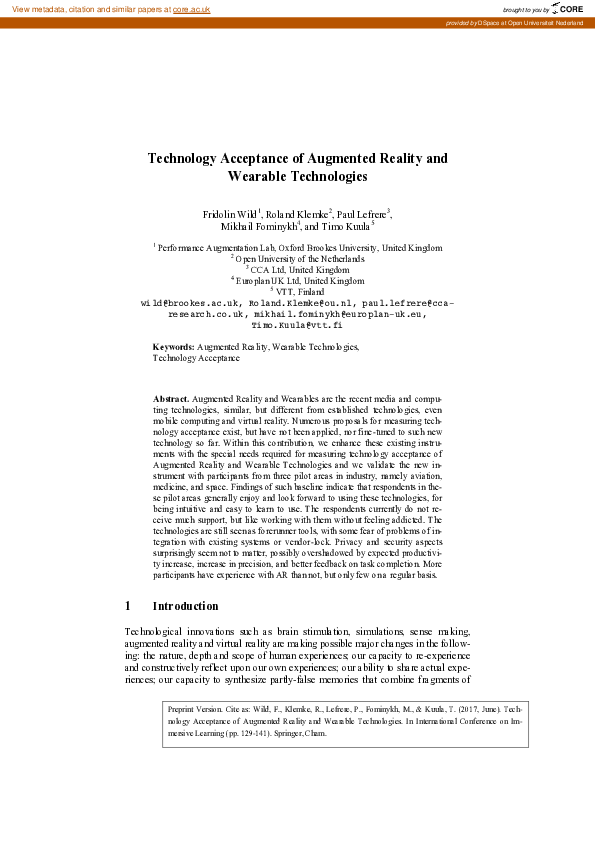 (PDF) Acceptance of Augmented Reality and Wearable Technologies