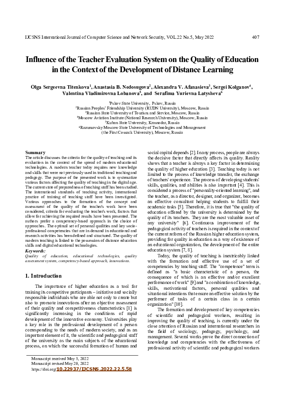 (PDF) Influence of the Teacher Evaluation System on the Quality of ...