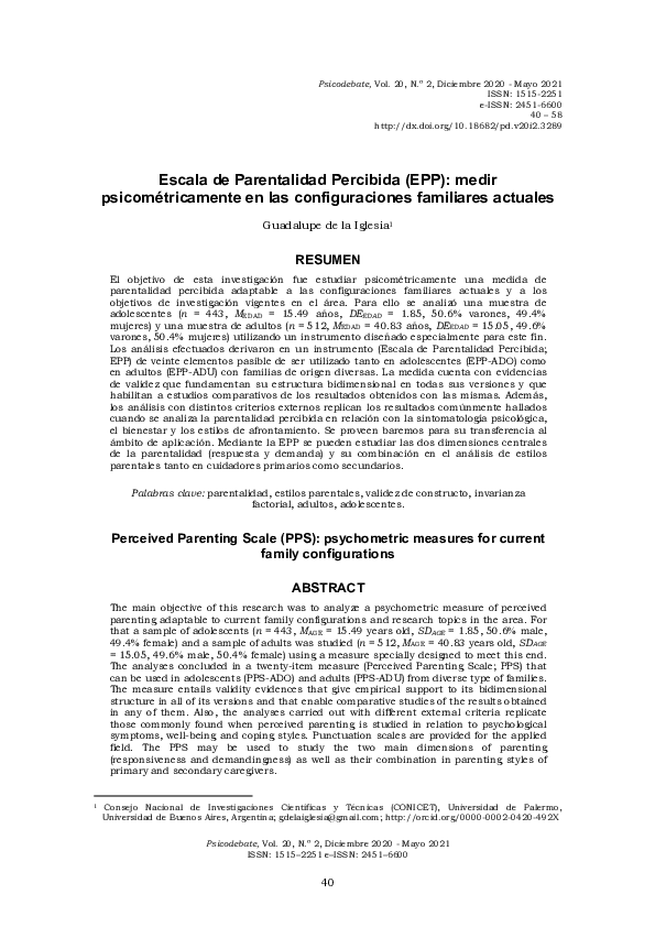(PDF) Escala de Parentalidad Percibida (EPP): medir psicométricamente ...