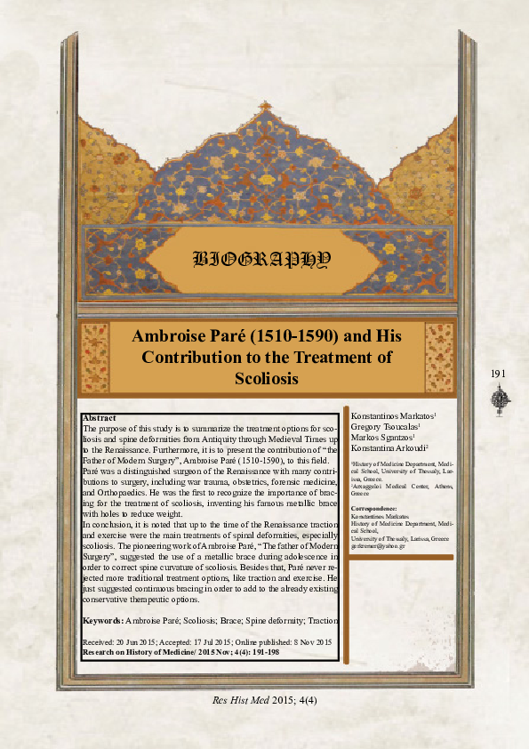 (PDF) Ambroise Paré (1510-1590) and His Contribution to the Treatment ...