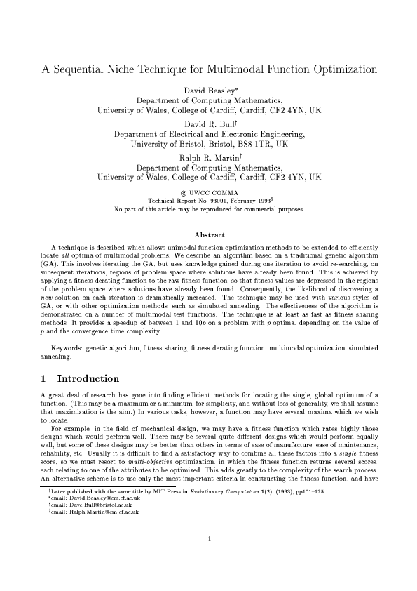 (PDF) A Sequential Niche Technique for Multimodal Function Optimization