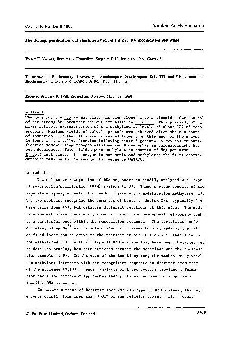 (PDF) The cloning, purification and characterization of theEcoRV ...