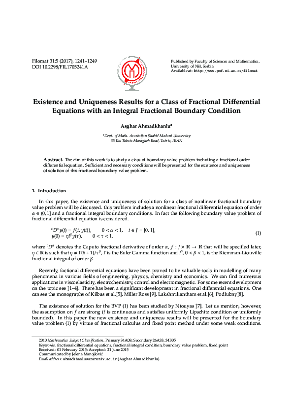 Pdf Existence And Uniqueness Results For A Class Of Fractional