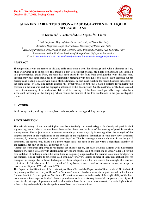 (PDF) Shaking table tests of a base isolated steel liquid storage tank
