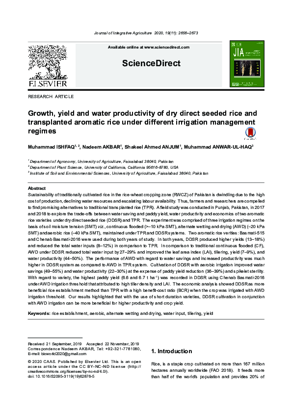 (PDF) Growth, yield and water productivity of dry direct seeded rice ...